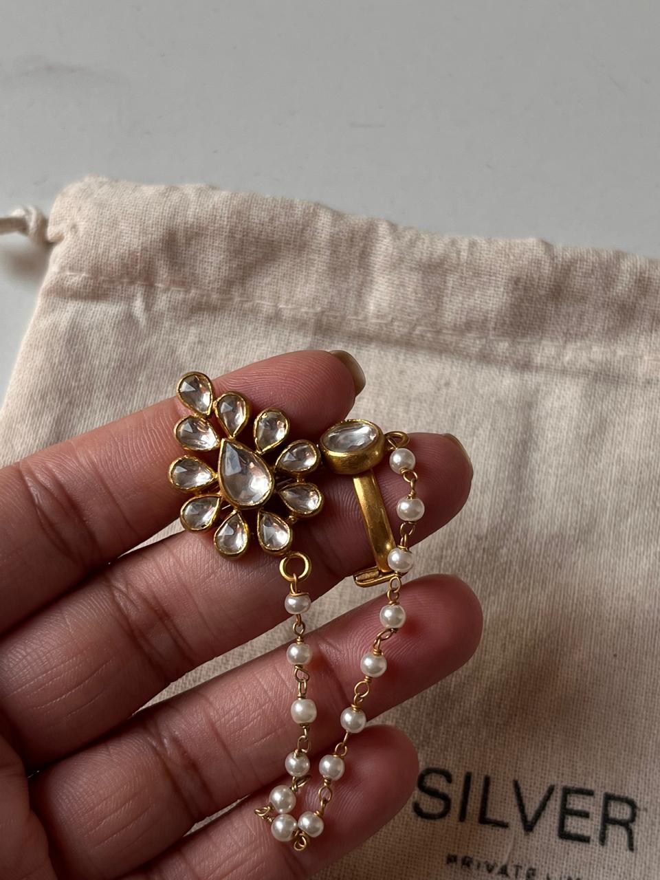 925 Silver Ring with Kundan Polki Design, Gold Plating, and Fresh Water Pearls
