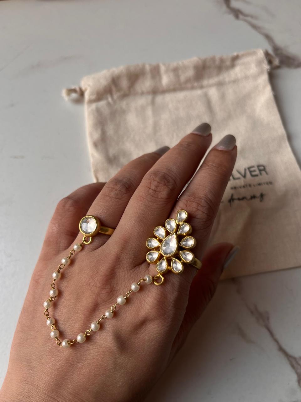 Handcrafted Gold Plated Silver Ring with Kundan Polki and Fresh Water Pearls