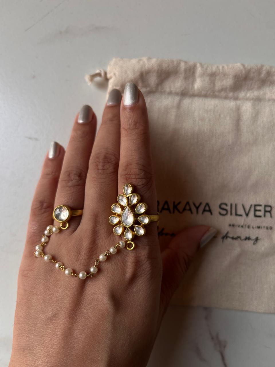 Luxury Gold Plated Kundan Polki Silver Ring with Fresh Water Pearl Detail