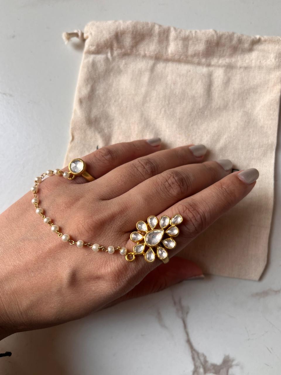 Gold Plated Kundan Polki Ring with Fresh Water Pearls and Double Band