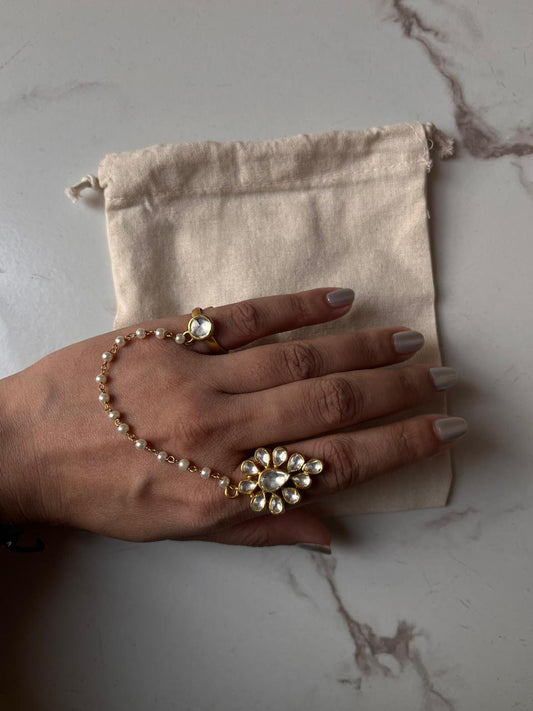 Gold Plated Kundan Polki Double Band Silver Ring with Fresh Water Pearls