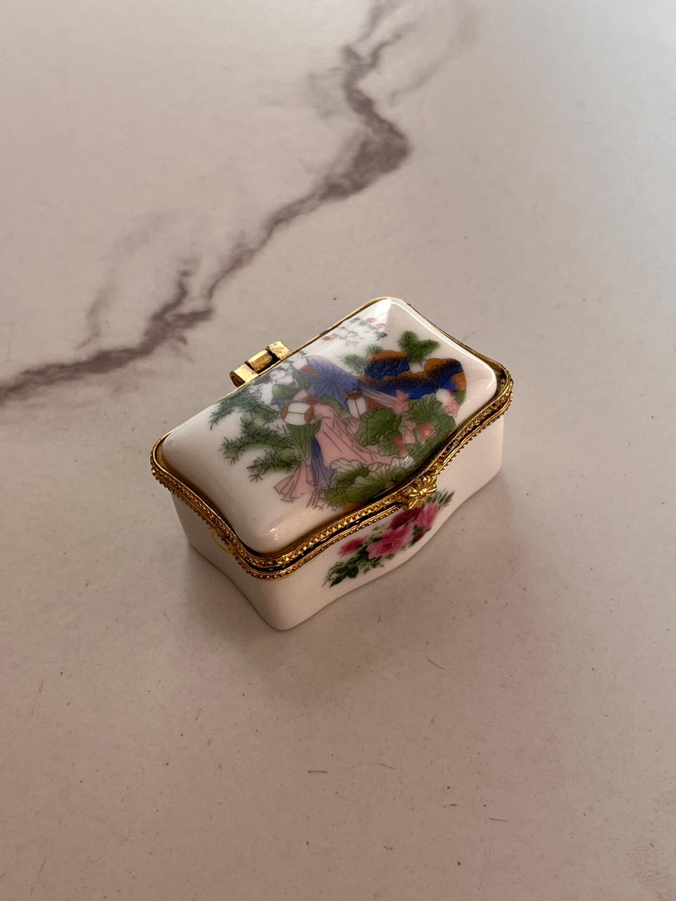 Vintage Mini Porcelain Trinket Box with Floral Design