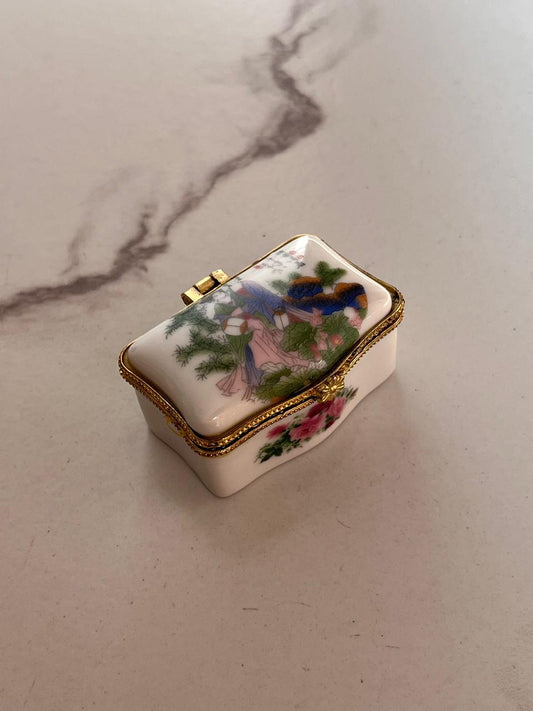 Vintage Mini Porcelain Trinket Box with Floral Design