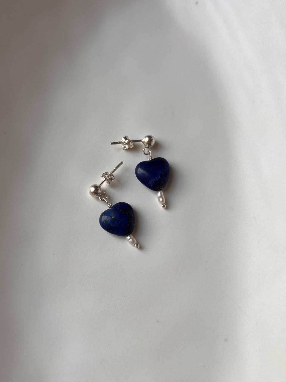 Beautiful Lapis Lazuli Heart Stud Earrings in 925 Silver