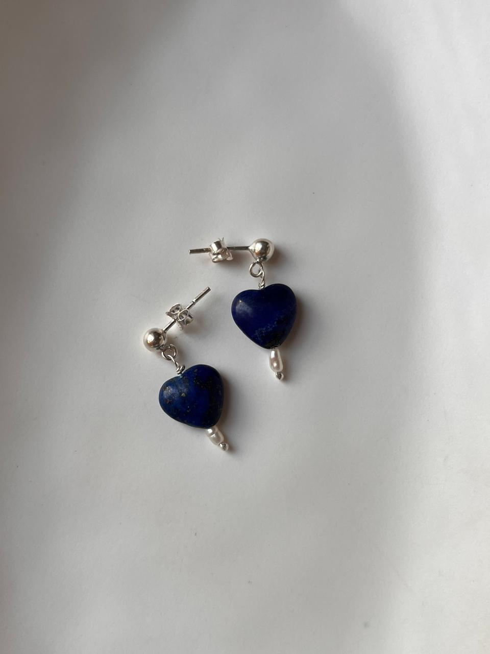 925 Silver Stud Earrings with Lapis Lazuli Heart Crystal