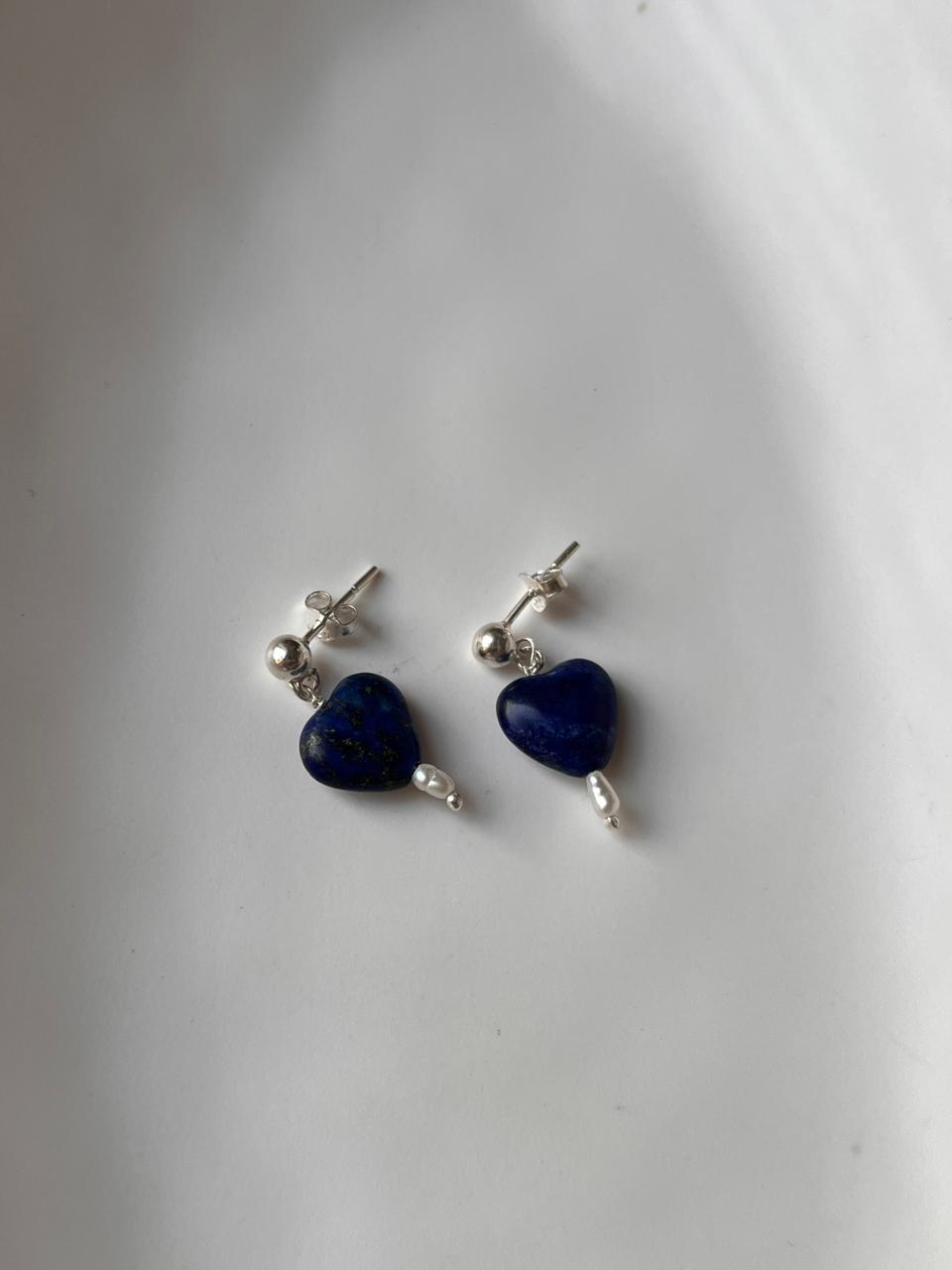 Handmade Lapis Lazuli Heart Stud Earrings in 925 Silver