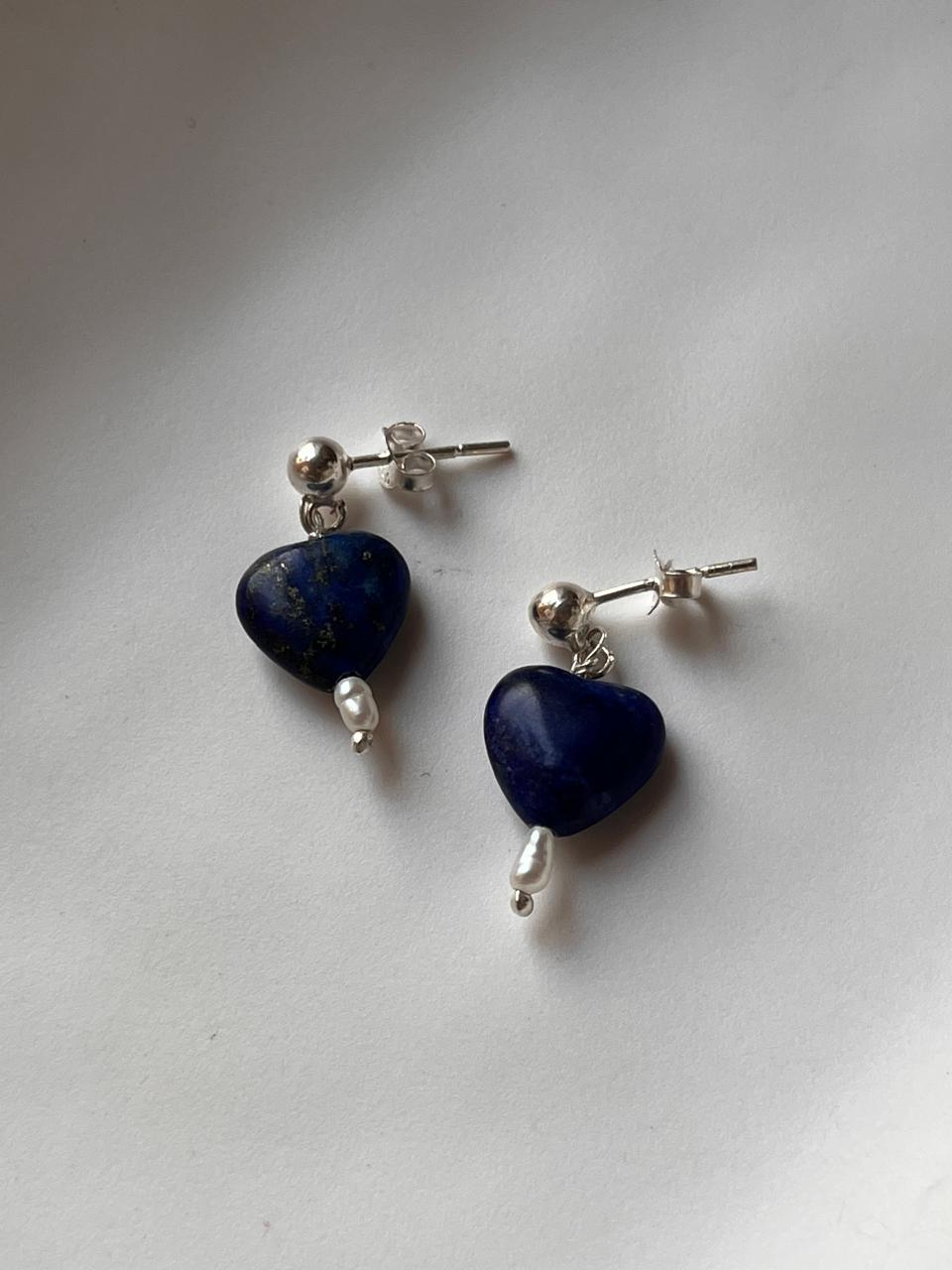 Close-up of Lapis Lazuli Heart Crystal Silver Stud Earrings