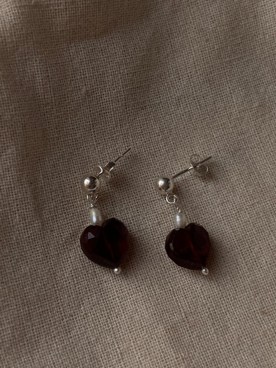 Handmade Garnet Heart Stud Earrings with Pearl and Crystal