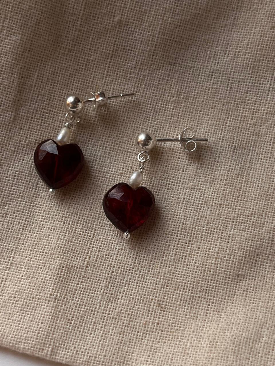 Garnet and Pearl Crystal Heart Shaped Stud Earrings