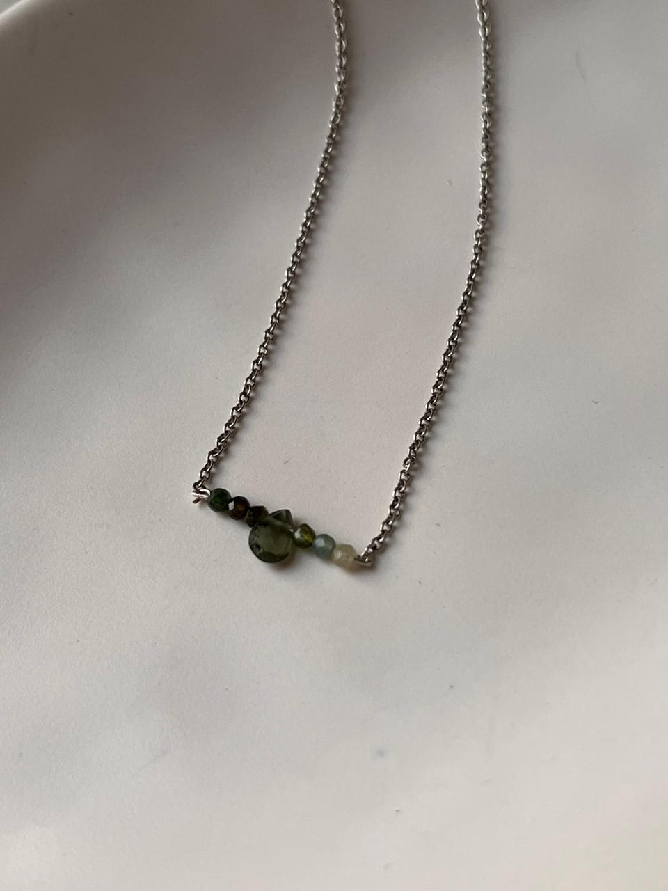 Elegant 925 silver necklace featuring multi Green Tourmaline pear crystals