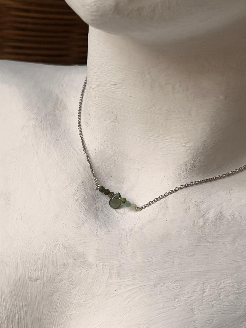 Multi Green Tourmaline pear-shaped crystal necklace in 925 sterling silver