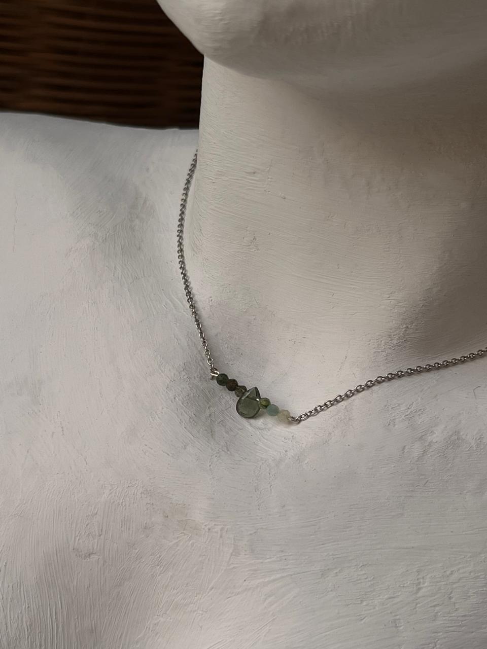 Handcrafted 925 silver necklace with multi Green Tourmaline pear-shaped gemstones