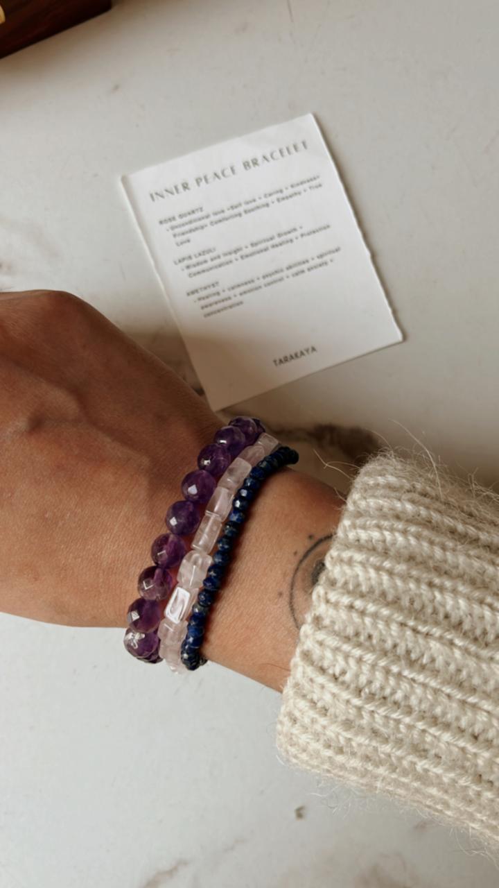 Amethyst Diamond Cut, Rose Quartz Rectangle, and Lapis Faceted 4mm bracelet for tranquility and harmony