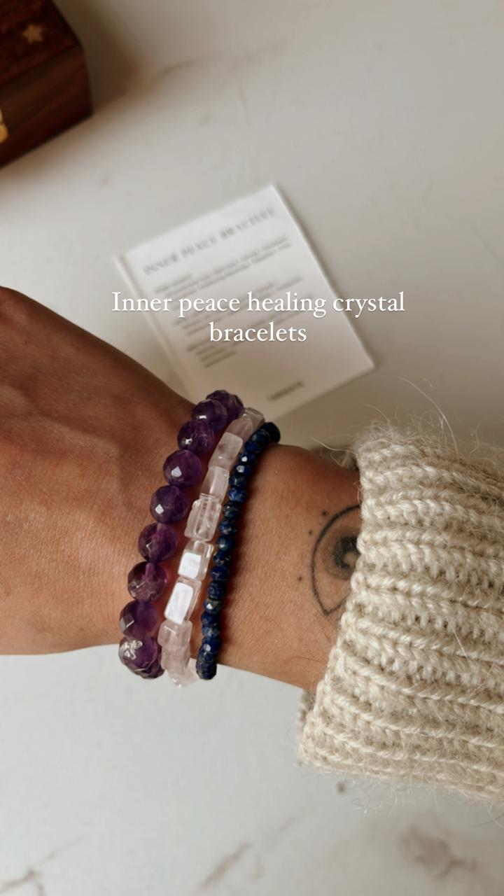 Natural crystal bracelet for inner peace with Amethyst Diamond Cut, Rose Quartz Rectangle, and Lapis Faceted beads