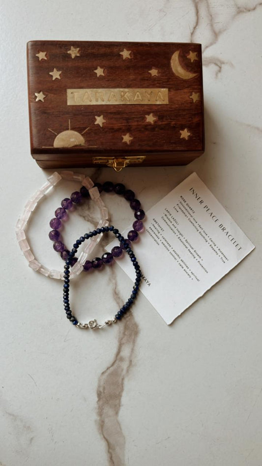 Combo Inner Peace bracelet with Amethyst Diamond Cut 8mm, Rose Quartz Rectangle 8mm, and Lapis Faceted 4mm