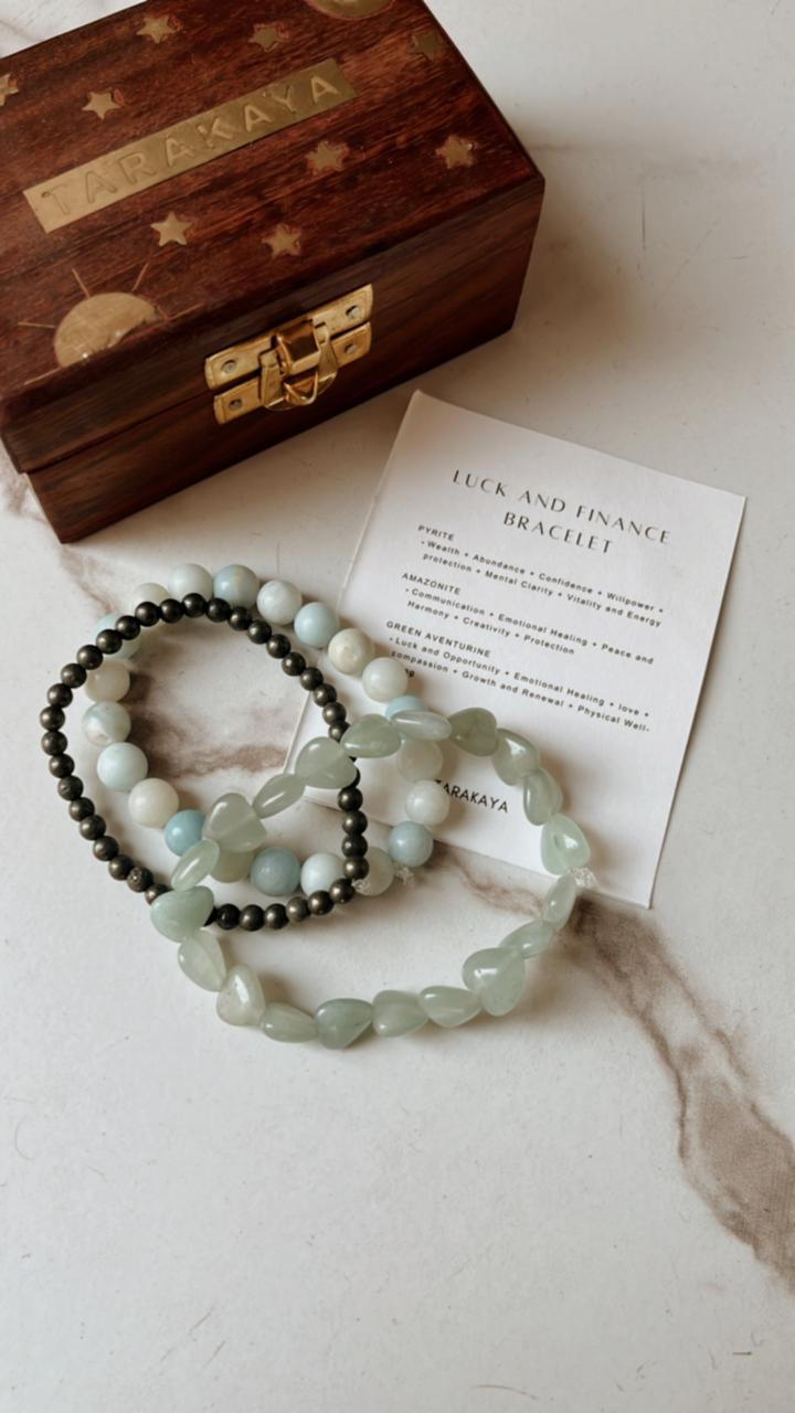 Natural crystal bracelet for luck and finance with Aquamarine, Green Aventurine Heart, and Pyrite