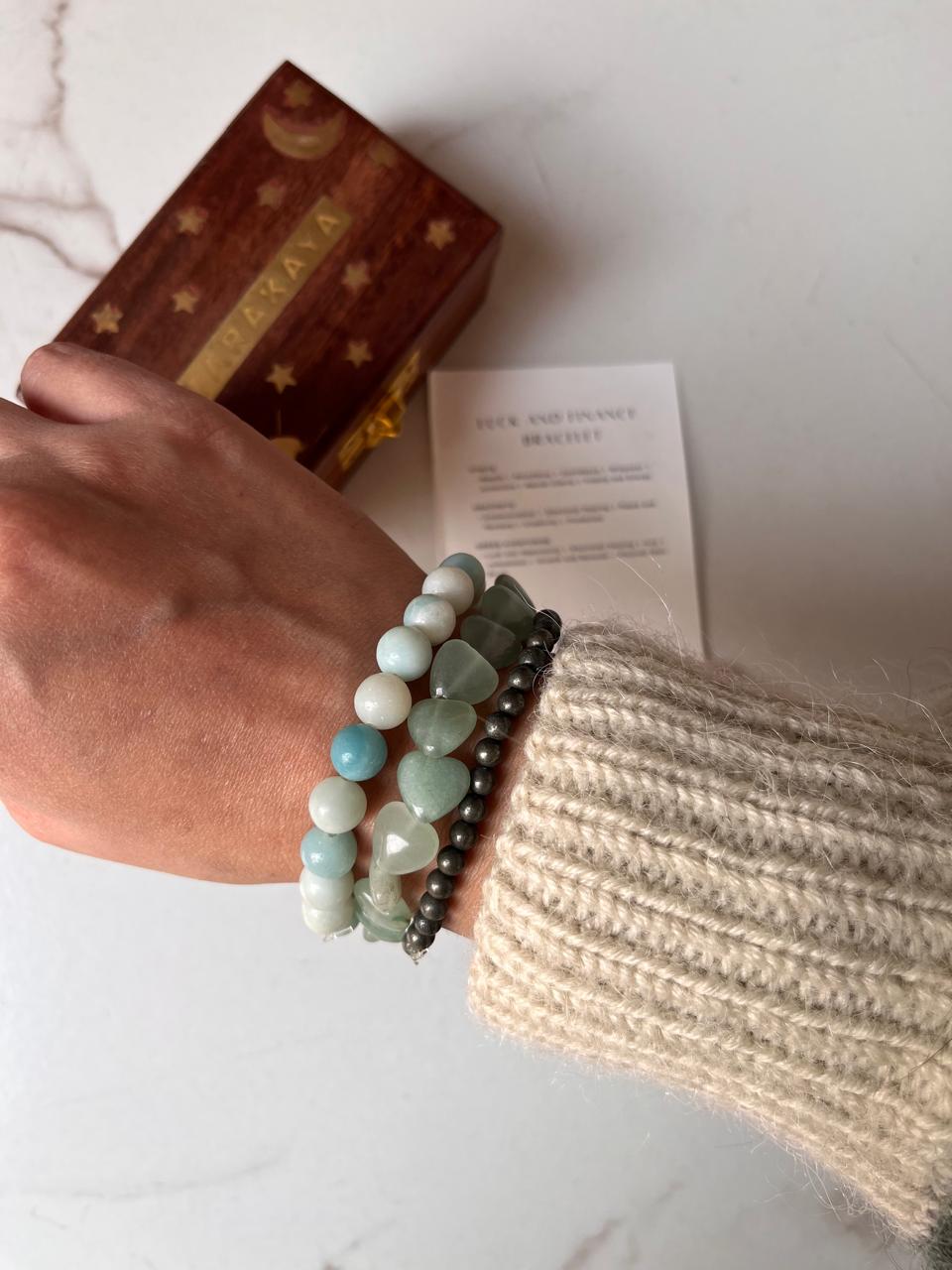 Natural crystal bracelet for wealth and luck with Aquamarine, Green Aventurine Heart, and Pyrite