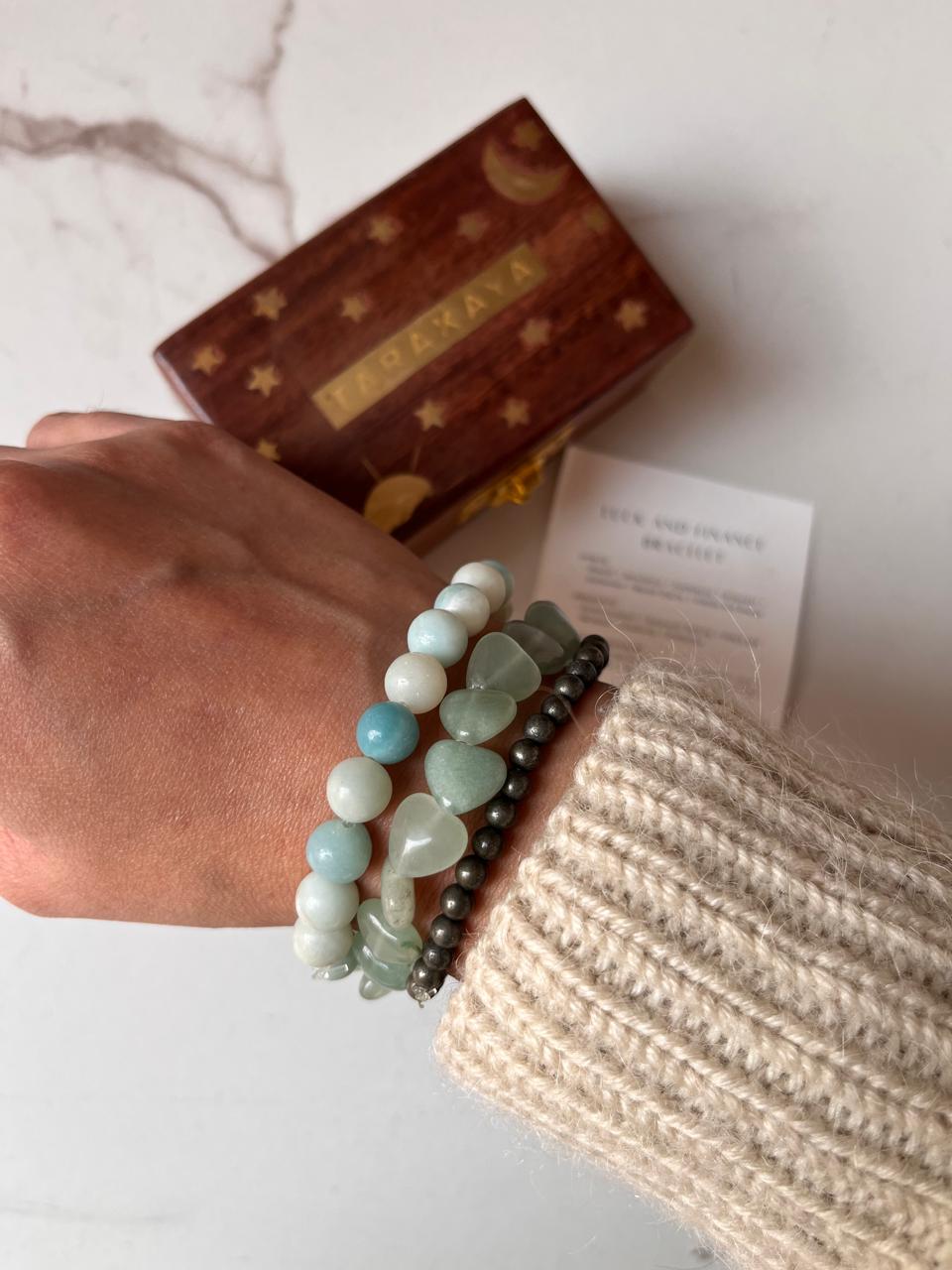 Aquamarine 8mm, Green Aventurine Heart, and Pyrite 4mm gemstone bracelet for wealth and prosperity
