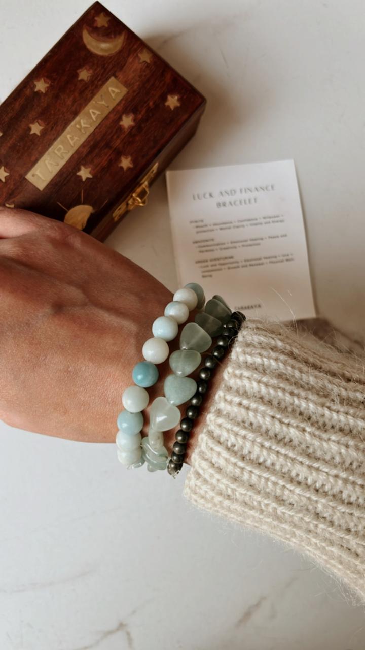 Aquamarine, Green Aventurine Heart, and Pyrite 4mm crystal bracelet for abundance and good fortune