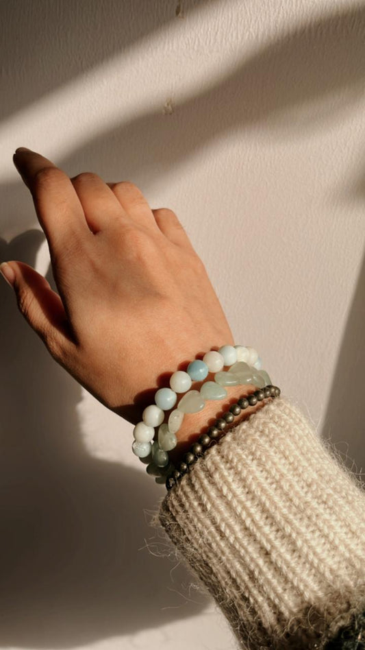Combo Luck and Finance bracelet with Aquamarine 8mm, Green Aventurine Heart, and Pyrite 4mm