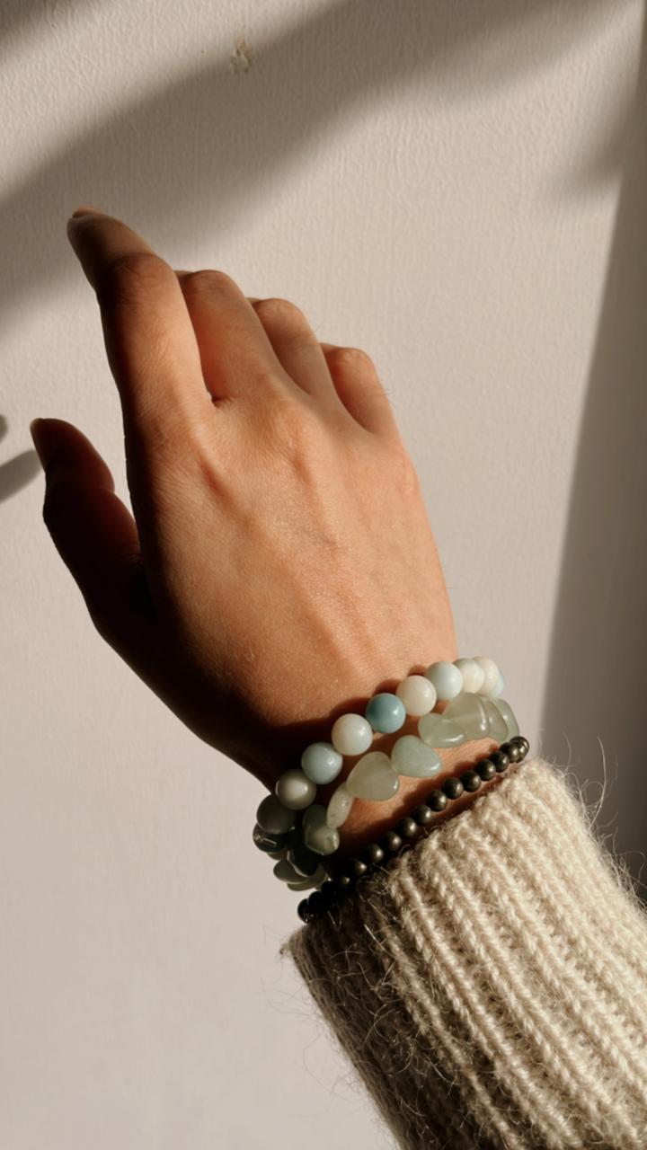 Luck and finance bracelet featuring Aquamarine 8mm, Green Aventurine Heart, and Pyrite crystals
