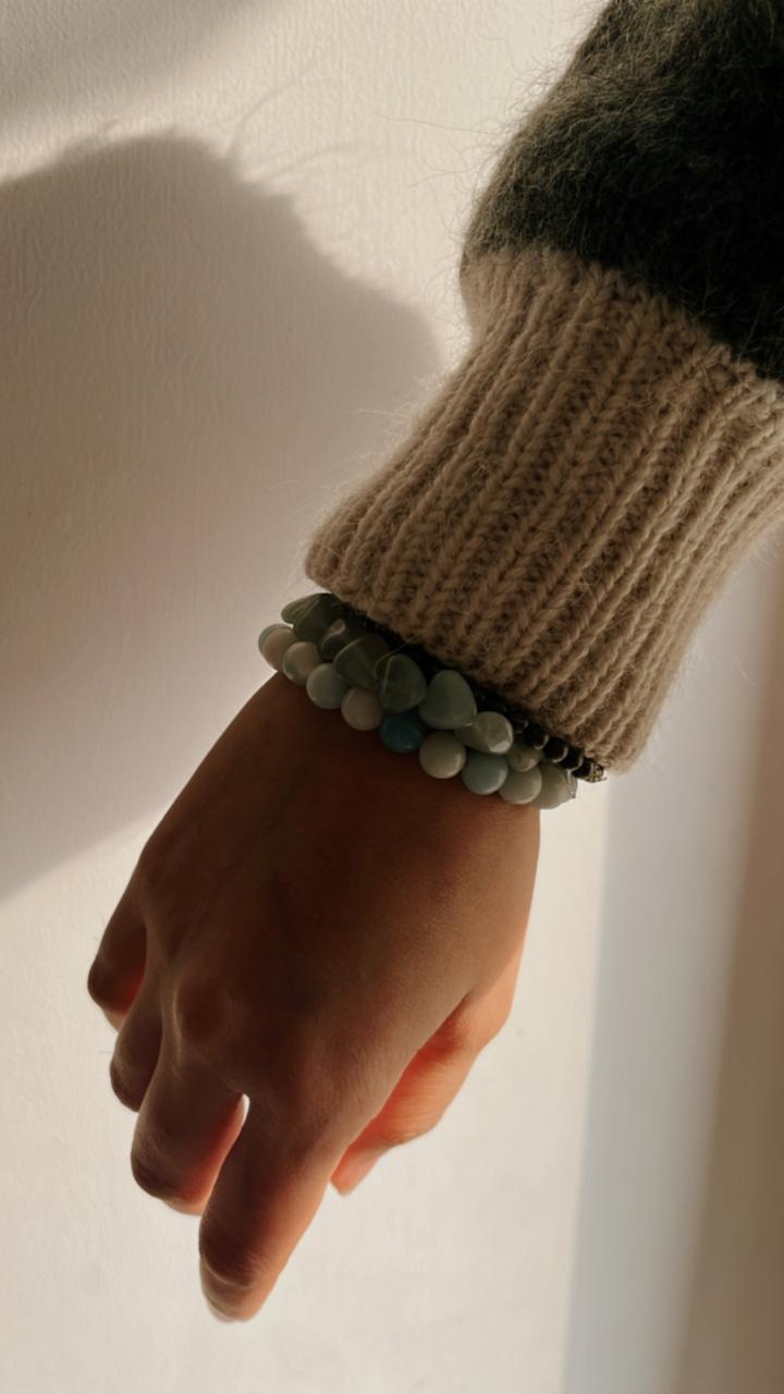 Stylish bracelet for luck and finance with Aquamarine, Green Aventurine Heart, and Pyrite 4mm beads