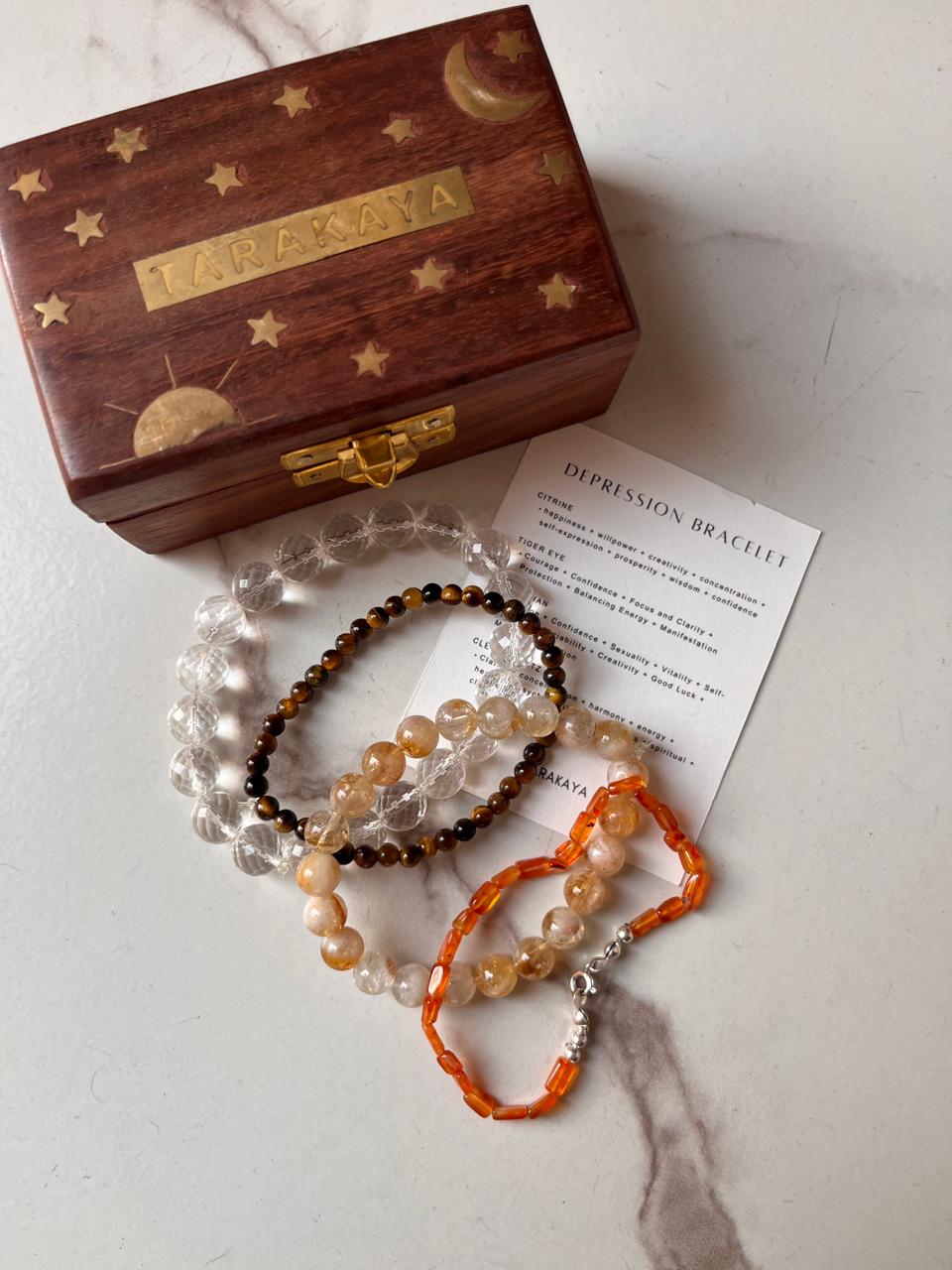 Emotional support bracelet with Clear Quartz, Citrine, Tiger Eye, and Carnelian crystals for combating depression