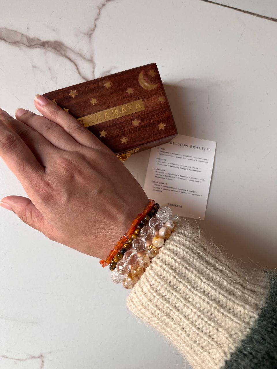 Clear Quartz Diamond Cut 10mm, Citrine 8mm, Tiger Eye 4mm, and Carnelian Rectangle 4mm gemstone bracelet for positivity