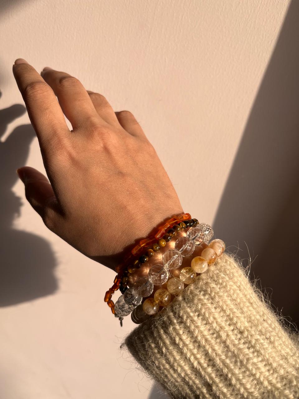 Combo Depression bracelet with Clear Quartz Diamond Cut 10mm, Citrine 8mm, Tiger Eye 4mm, and Carnelian Rectangle 4mm
