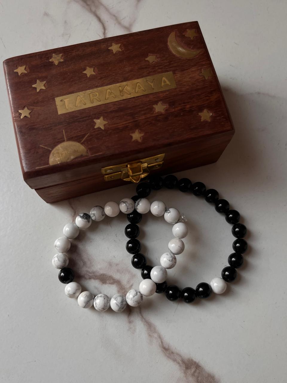 Natural crystal bracelet for couples with Howlite and Black Tourmaline 8mm beads