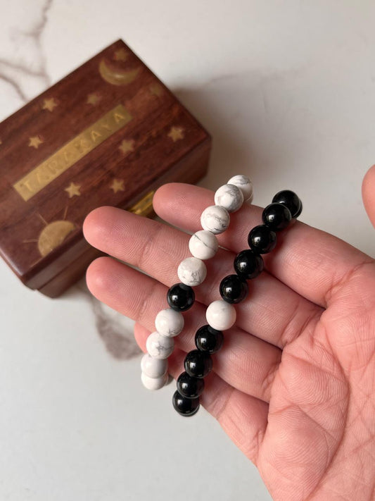 Couple's Howlite and Black Tourmaline 8mm natural crystal bracelet