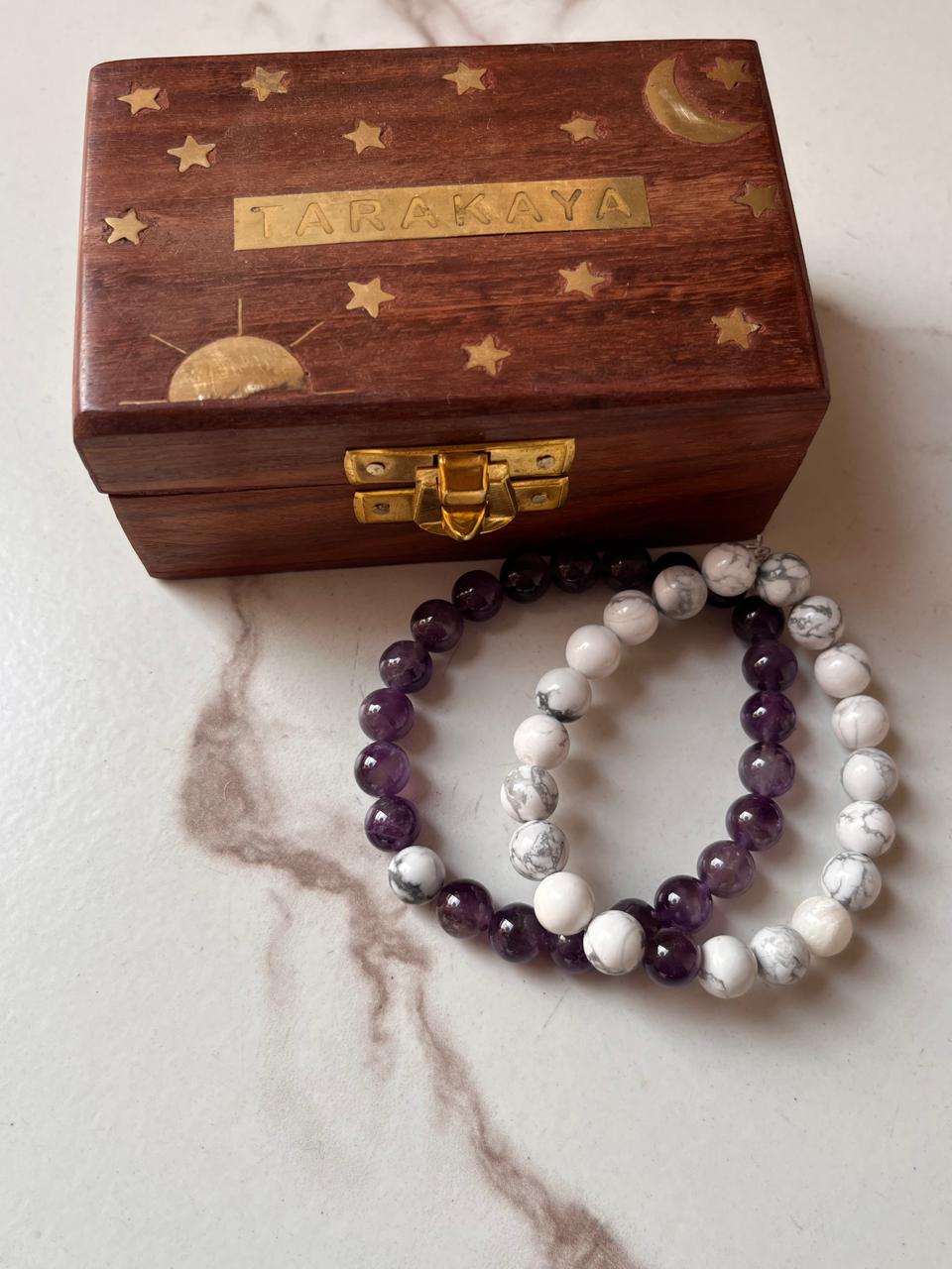 Elegant couple's bracelet featuring Amethyst and Howlite 8mm crystals