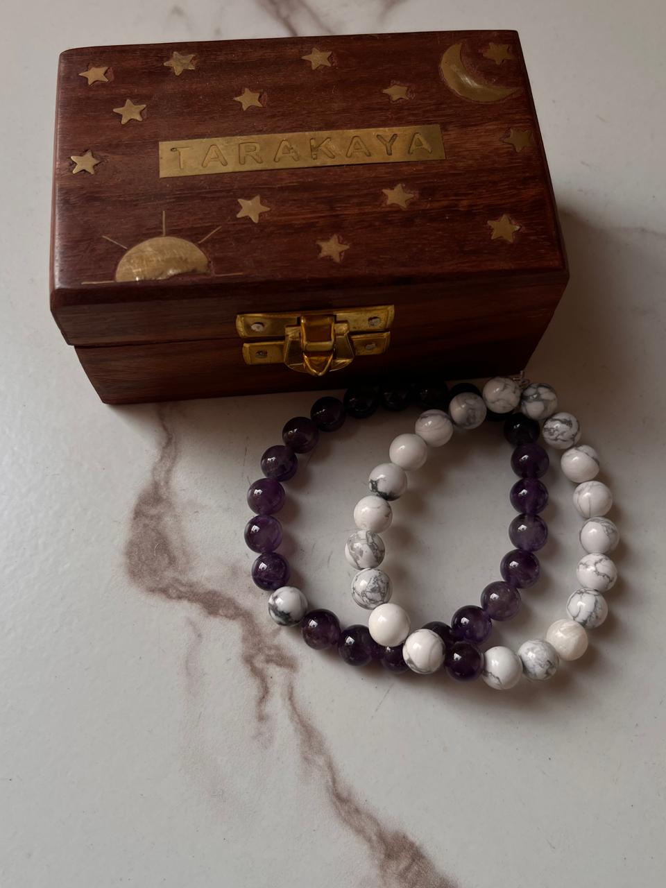 Natural crystal bracelet for couples with Amethyst and Howlite 8mm beads