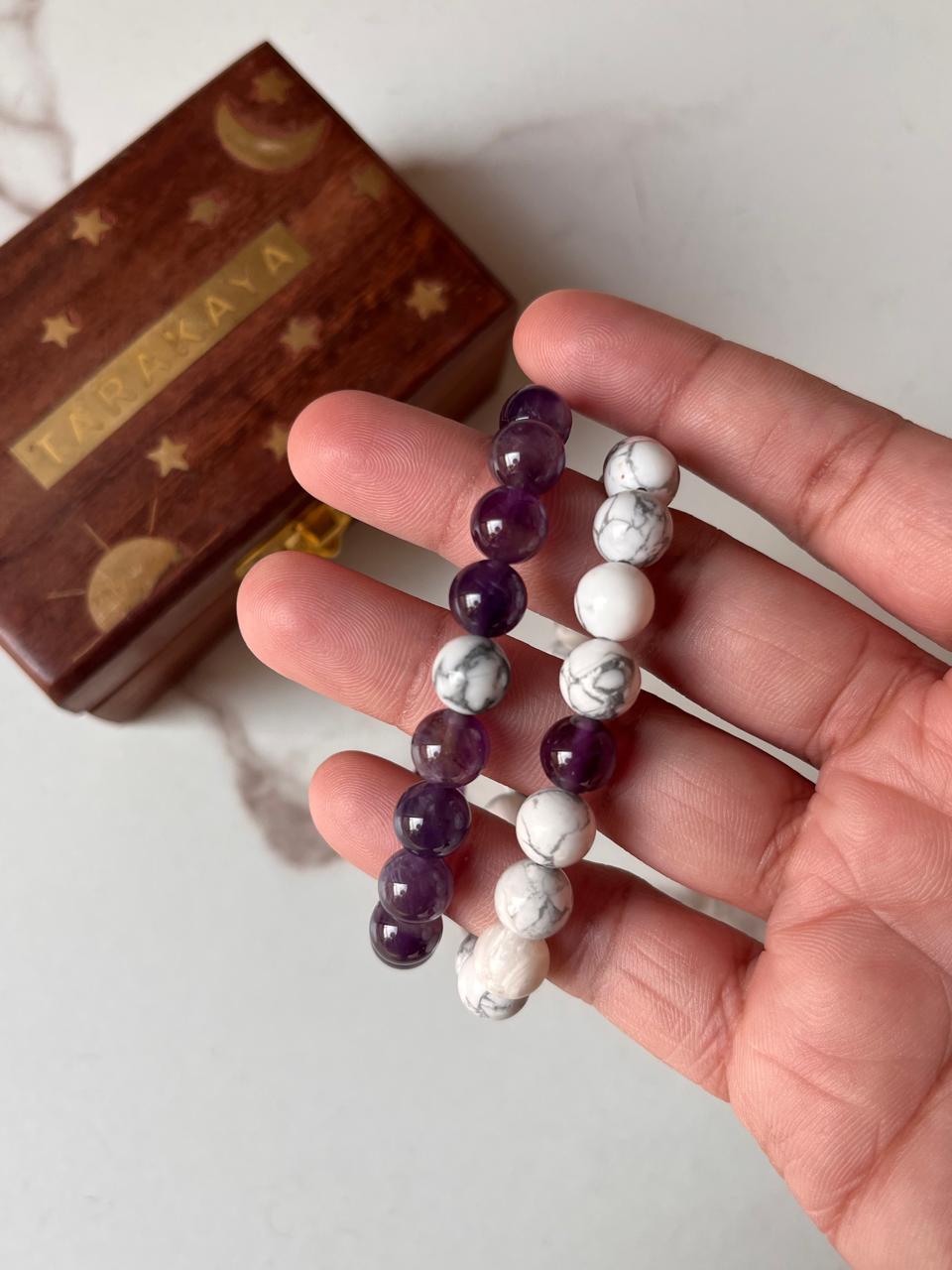 Handcrafted couple's bracelet with Amethyst and Howlite 8mm stones