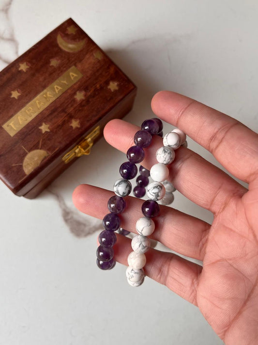 Couple's Amethyst and Howlite 8mm natural crystal bracelet