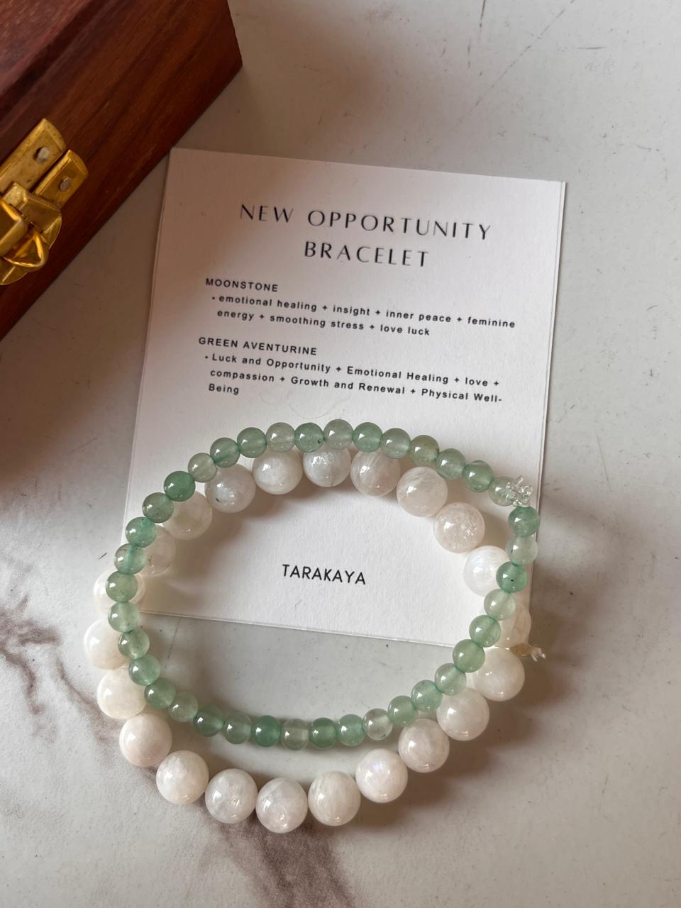 New opportunity combo bracelet featuring Moonstone 8mm and Green Aventurine 4mm beads