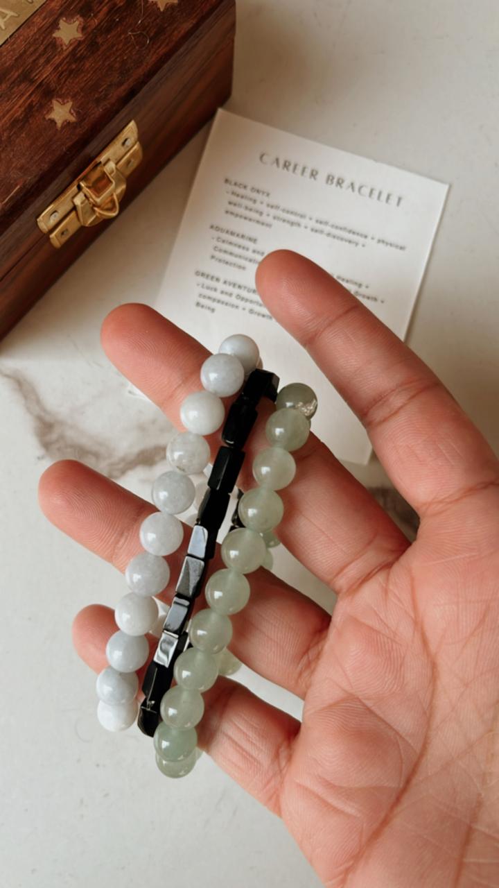 Natural crystal bracelet for career success with Aquamarine, Black Onyx, and Green Aventurine