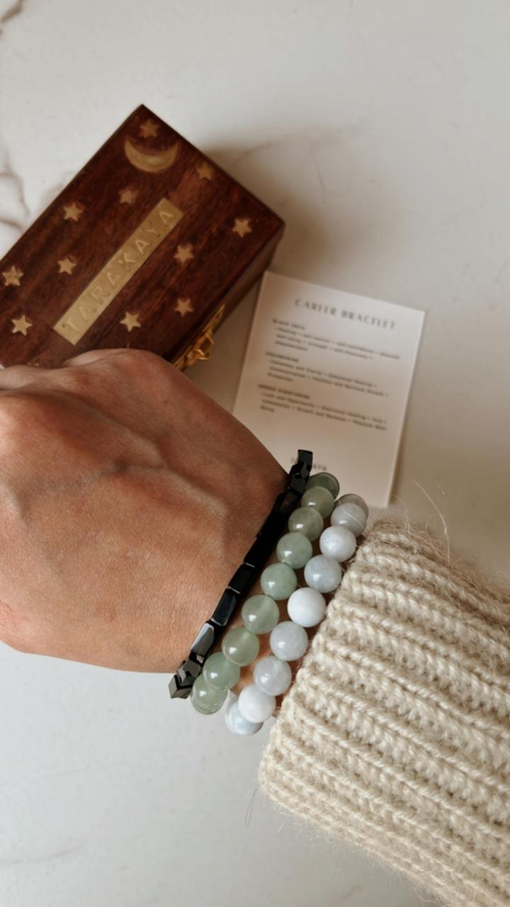 Aquamarine 8mm, Black Onyx rectangle 5mm, and Green Aventurine 8mm gemstone bracelet