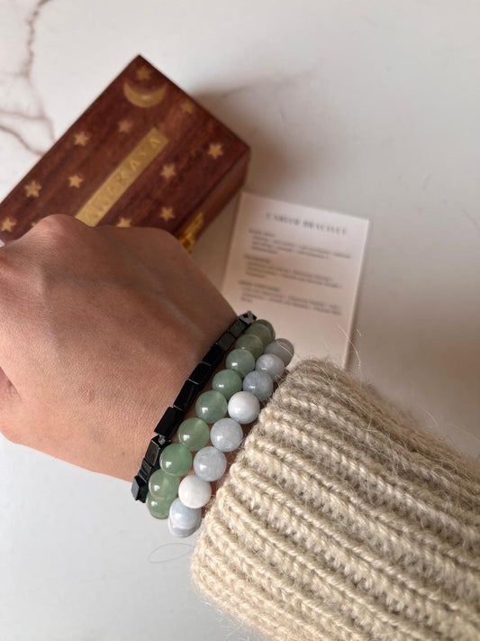 Combo Career bracelet with Aquamarine 8mm, Black Onyx rectangle 5mm, and Green Aventurine 8mm
