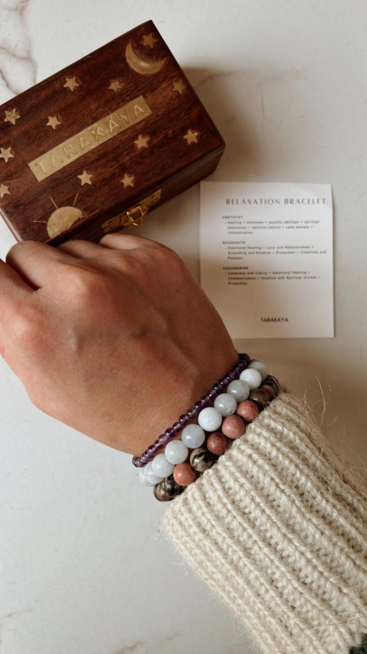 Relaxation combo bracelet with Rhodonite 8mm, Aquamarine 8mm, and Amethyst 4mm