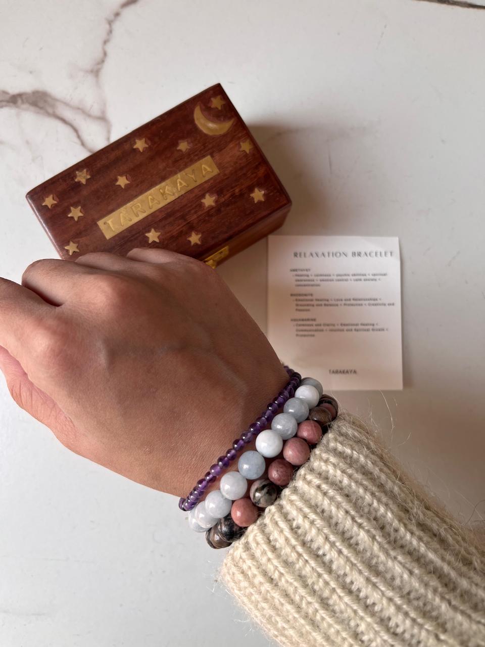 Rhodonite 8mm, Aquamarine 8mm, and Amethyst 4mm gemstone bracelet for stress relief