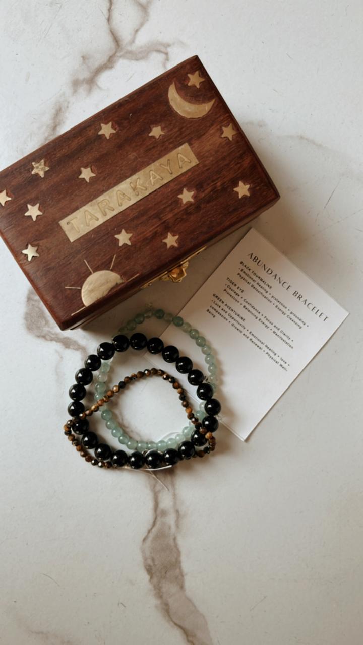 Abundance combo bracelet featuring Black Tourmaline, Green Aventurine, and Tiger Eye 3mm faceted beads
