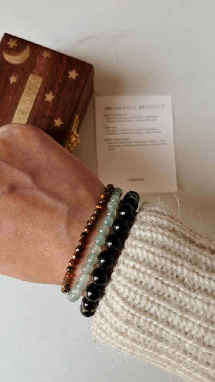 Handcrafted abundance bracelet with Black Tourmaline, Green Aventurine, and Tiger Eye crystals