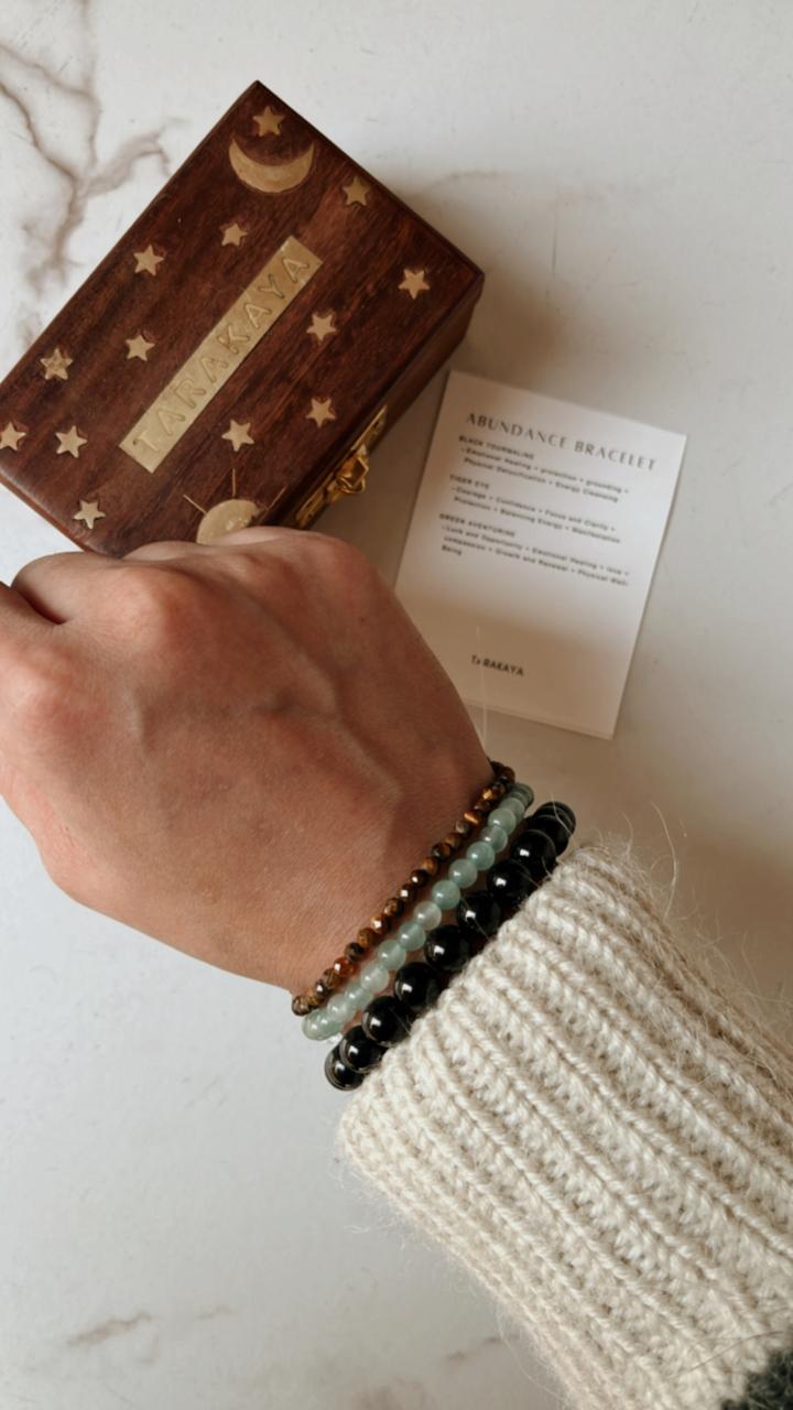 Natural crystal bracelet for abundance with Black Tourmaline, Green Aventurine, and Tiger Eye beads