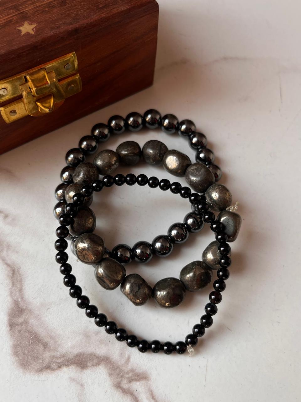 Combo protection bracelet with Pyrite tumble, Black Tourmaline 4mm, and Hematite 8mm