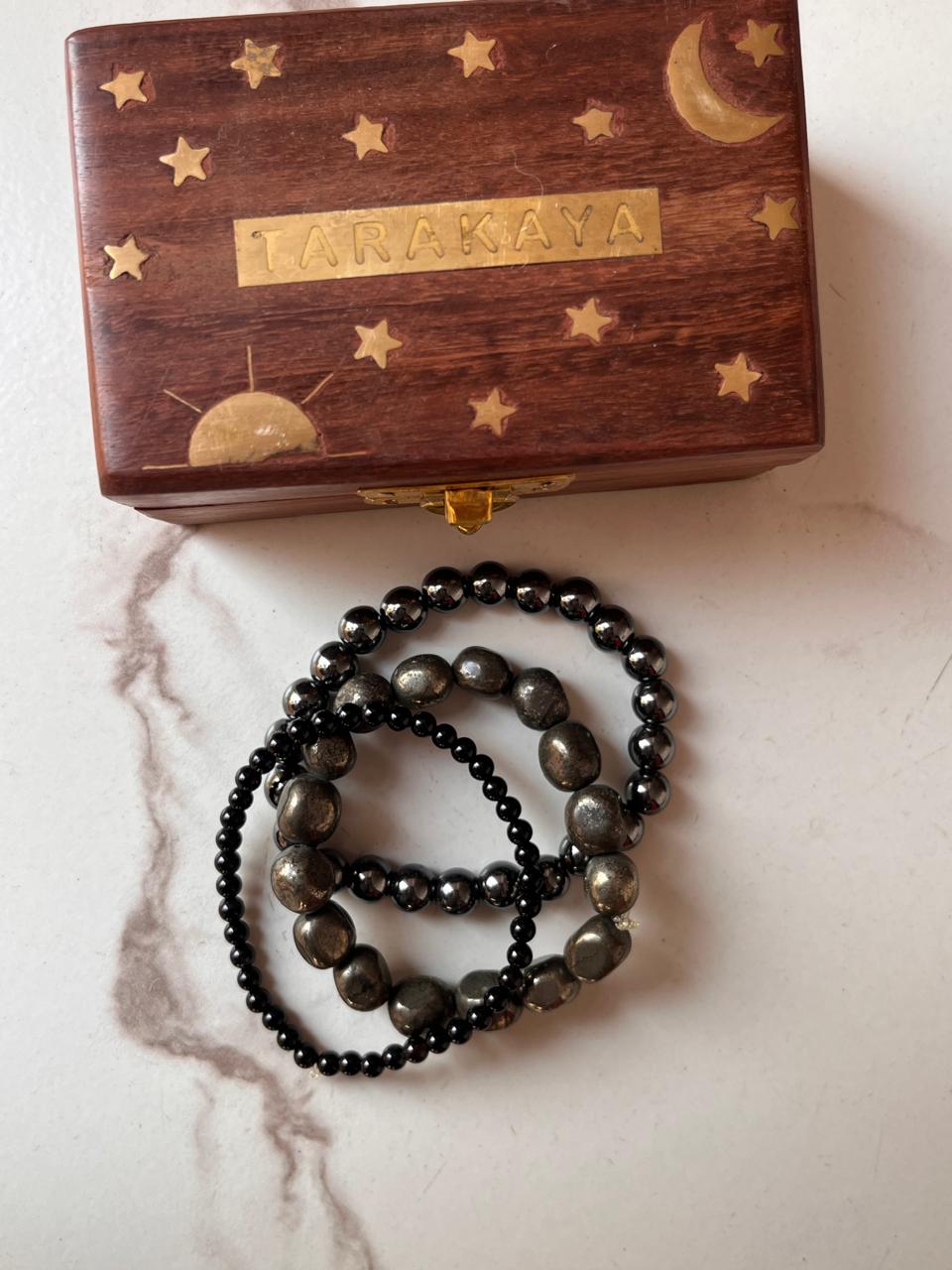 Protection combo bracelet featuring Pyrite, Black Tourmaline 4mm, and Hematite 8mm natural crystals
