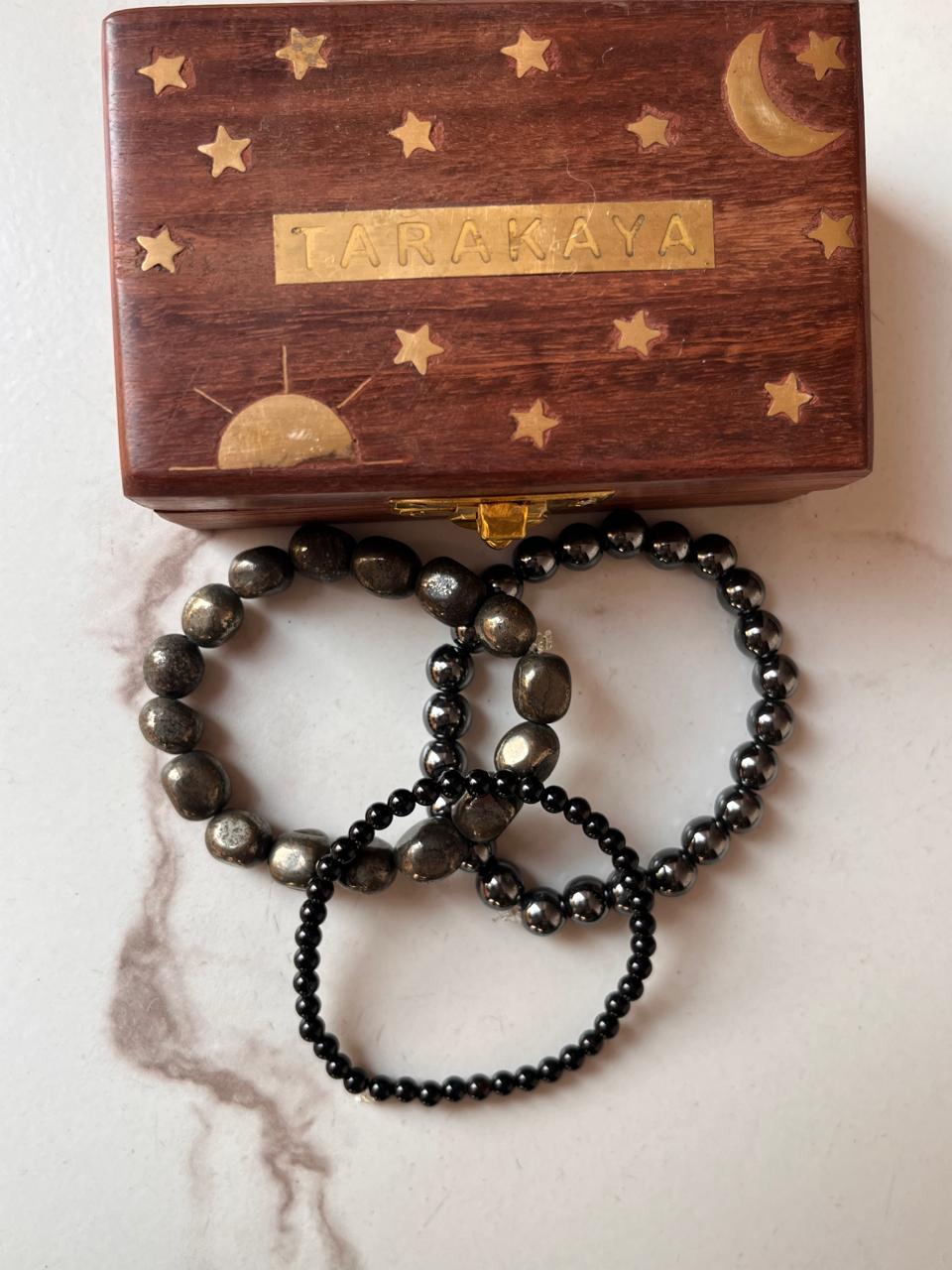 Powerful protection bracelet with Pyrite, Black Tourmaline, and Hematite crystals