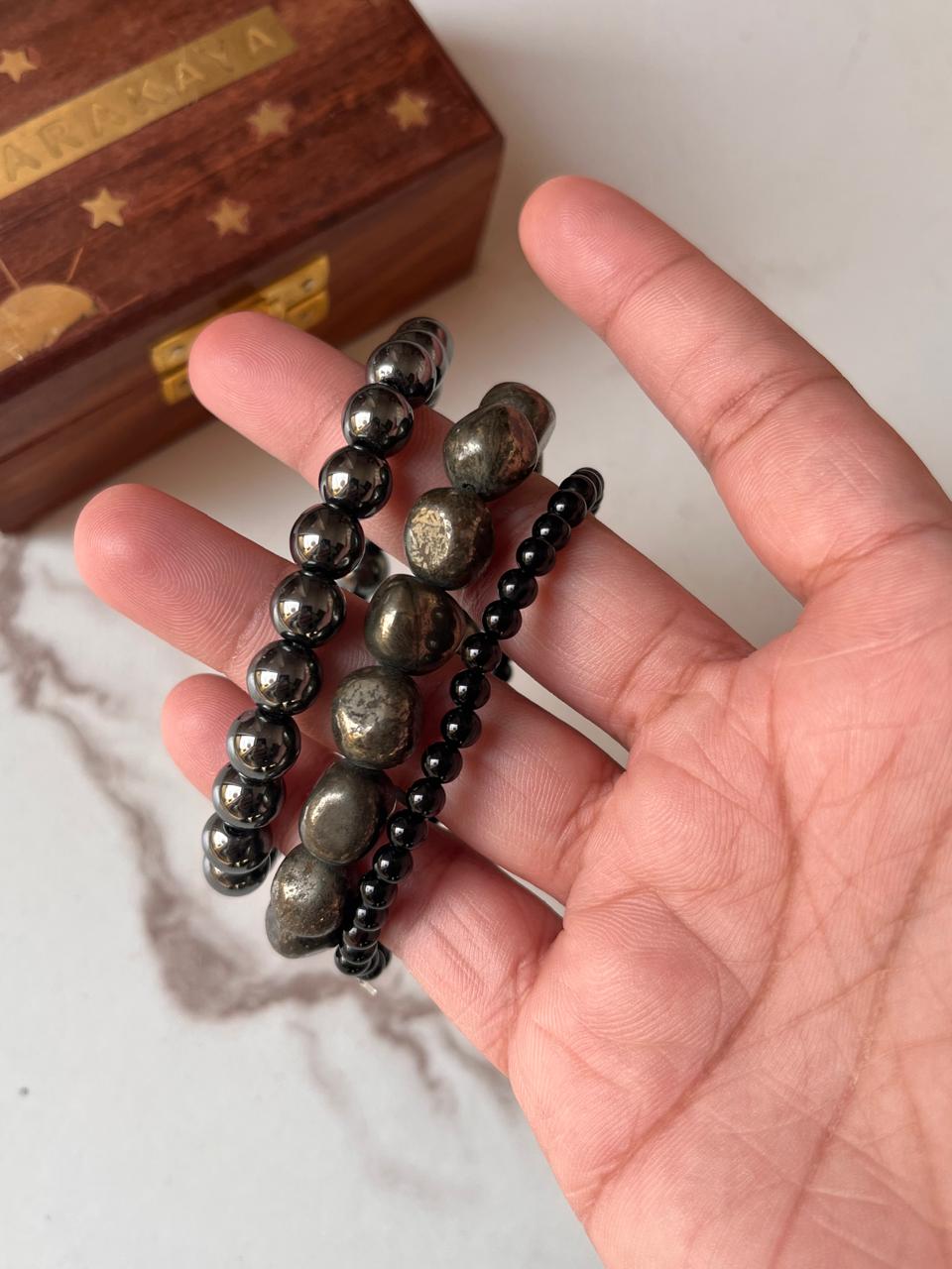 Natural crystal bracelet with Pyrite tumble, Black Tourmaline 4mm, and Hematite beads for protection