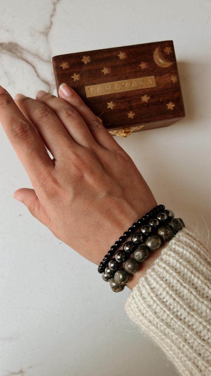 Combo protection bracelet with Pyrite tumble, Black Tourmaline 4mm, and Hematite 8mm