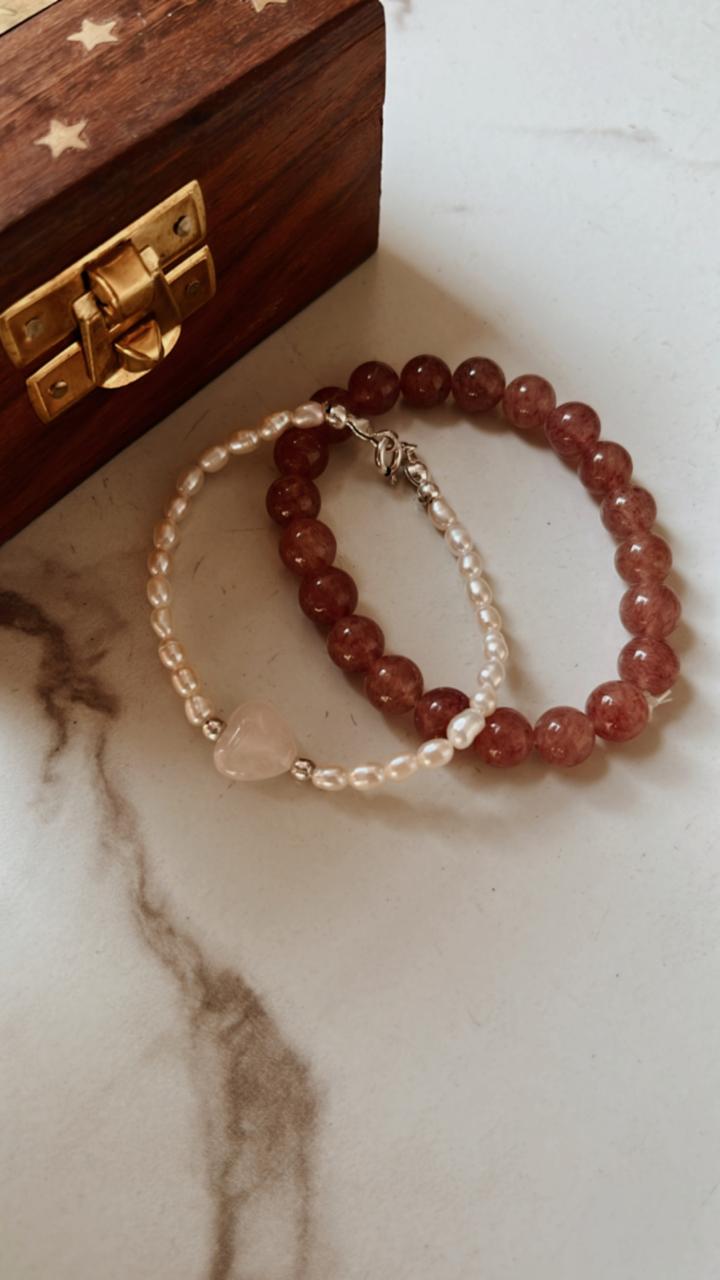 Rose Quartz heart and Strawberry Quartz bead bracelet with fresh Pearl accents